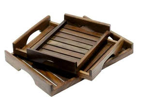 Ensemble de 3 plateaux en bois design pour cadeaux de mariage Plateau de service décoratif en bois aspect brillant - Product Image 2