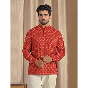 Kurta court en coton popeline rouge imprimé pour homme, chemise décontractée à manches longues, respirante et confortable - Product Image 3