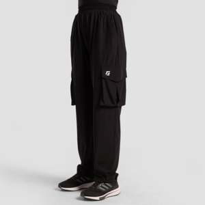 Pantalon cargo taille haute Ristic noir en coton tissé avec motif brodé, taille XL, coupe droite, jambe large, saison été et printemps - Product Image 1