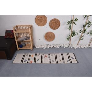 1.5x5.8 ft Vintage Traditional Turkish Moroccan Wool <b>Runner</b> Rug Eco-Friendly Patchwork Design with Latex Backing White & <b>Black</b> - Product Image 2