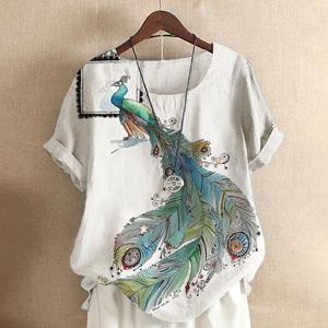 Women's New Fashion Summer Peacock Print Short Sleeve t Shirt Casual <b>White</b> Shirt <b>White</b> Color Loose Casual Plus Size Breathable - Product Image 2
