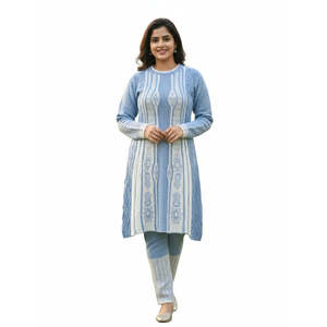 <b>Women's</b> Winter Casual Full Sleeve Long <b>Woolen</b> Fabric 3-PC Vintage Kurti Set in SkyBlue Color - Product Image 6