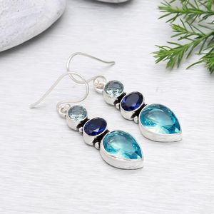 925 Sterling Silver Plaqué Bohème Drop Style Boucles D'oreilles À La Mode Topaze Saphir Gemme Pierre Naturelle Lunette Anniversaire - Product Image 6