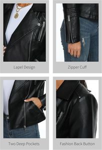 แจ็กเก็ตขี่มอเตอร์ไซค์แบบวีแกนของผู้หญิงเสื้อโค้ทขี่จักรยานหนังเทียมปกตั้งมีซิปซับในไนลอน - Product Image 5