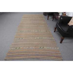 Vintage Kilim Runner Rug 4.8x12 ft (145x365 cm), Turkish <b>Brown</b> Check <b>Wool</b> Rug - Product Image 1