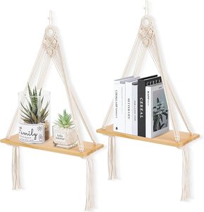 Étagère en macramé Boho avec corde rustique et design en bois artisanal idéal pour des aménagements muraux créatifs ou un gain de place élégant - Product Image 1