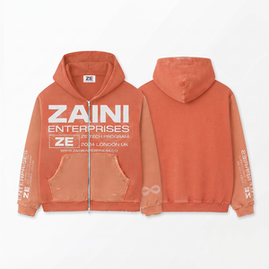 350g Woven Polyester/Cotton Blend Full Zip Hoodie with Washed Orange Contrast Panels Embroidered Custom Logo Front Men's Winter - Product Image 1