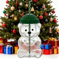 Gobelet en verre borosilicate Ours en peluche de Noël, anti-fuite, avec couvercle et paille, compatible micro-ondes et lave-vaisselle, vert/rouge