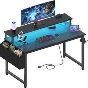 Juego de mesa y silla de jugador con luz RGB de carreras para ordenador grande personalizado RGB para oficina, escritorio de juegos multifuncional en blanco y negro con LED - Product Image 1