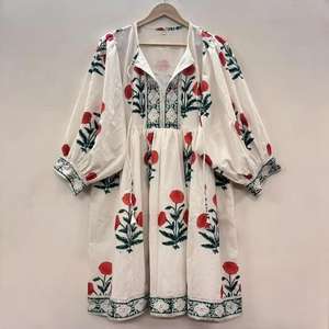 Haute qualité Floral main bloc imprimé femmes bohème coton robe mi-longue Kyra tunique courte cadeau pour votre bien-aimé - Product Image 4