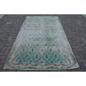 พรมตุรกีโบราณขนาด4.7x8ฟุตพรมขนแกะสีชมพูสีเขียวลายแอบสแตรกต์สำหรับวัยรุ่นพรมปูพื้นห้องยางพาราด้านหลังทรงสี่เหลี่ยมผืนผ้า - Product Image 1