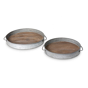Ensemble de plateaux ronds décoratifs de style ferme moderne, bois vieilli et acier galvanisé, plateau ottoman, style industriel campagnard, plateau de service - Product Image 1