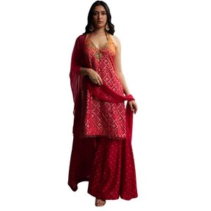 Vente de gros Costume Palazzo en soie ombré orange et rouge avec imprimé Bandhani Vêtements ethniques pour femmes Usine de vêtements OEM Fournisseur en gros - Product Image 2