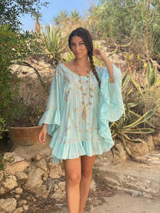 Nouvelle collection en gros bleu et blanc brodé bohème manches longues Boho dos ouvert Sexy robe courte - Product Image 4