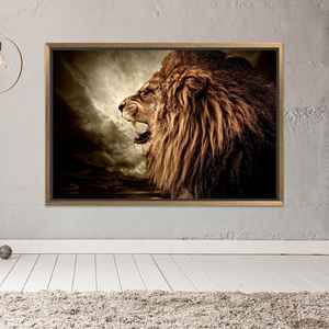 Tableau sur toile imprimé élégant : Décoration murale Lion rugissant, TOILE ENCADRÉE DORÉE - Product Image 1