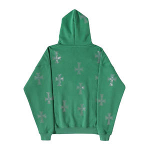 Sudaderas con capucha de gran tamaño con logotipo personalizado de diamantes de imitación desteñidos al sol de algodón grueso de alta calidad - Product Image 5