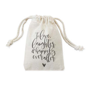 Sacs en coton pour cadeaux de mariage « Aimer le rire et une vie de couple heureuse » - Lot de 6 - Product Image 1