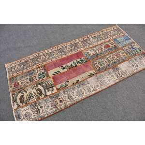 Eclectic <b>Vintage</b> Turkish <b>Rug</b> 2.8 X 5.9ft Beige Large Area Wool with Abstract Patchwork Hallway Pattern Latex Backed for Rooms - Product Image 2