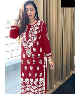Kadın giyim pamuk ipek kumaş için son tasarlanmış geleneksel hint ve pakistan Kurtis güzel nakış iş Kurtis