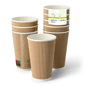 แก้วกาแฟกระดาษขนาดใหญ่ 16 ออนซ์ 400 มล. เส้นผ่านศูนย์กลาง 90 มม. สีน้ำตาลด้านใน สีขาวด้านนอก ลายริ้ว เป็นมิตรกับสิ่งแวดล้อม รีไซเคิลได้ - 500 ชิ้น/กล่อง - Product Image 1