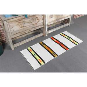 Tapis turc vintage, petit tapis de 1,7 x 3,9 pieds, tapis Kilim blanc à pois - Product Image 1