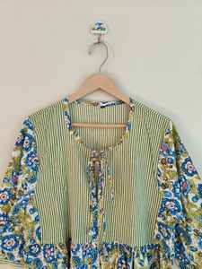 Handmade Cotton Floral Block Print V-neck <b>Long</b> Sleeve Floor-Length Boho Maxi <b>Dress</b> Striped Yoke | Comfortable Summer <b>Kaftan</b> - Product Image 2