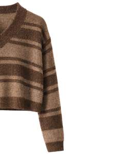 Custom Brown Striped Women V Neck Sweater Soft Knit Pullover Long Sleeve Winter Casual Fashion Jumper For Wholesale Supply - Product Image 4