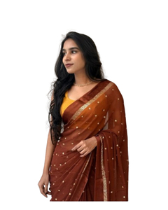 Sari en soie satinée tissé à la main par des designers, avec bordure Jarkhan, diamants thermocollés, tenue traditionnelle indienne, soirée formelle, indien - Product Image 1
