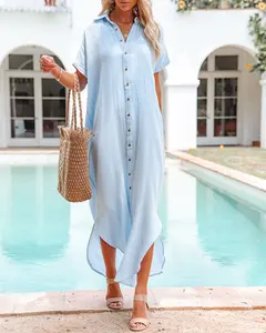 ชุดเดรสแขนยาวผ้าเรยอนสำหรับผู้หญิง, ชุดเดรสสำหรับใส่ไปงานปาร์ตี้และรีสอร์ตชุดเดรสยาวคอปกสองชั้นสีสดใสสำหรับฤดูร้อน - Product Image 4