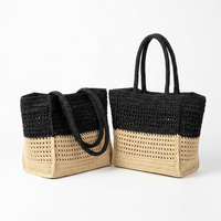 Sac fourre-tout en raphia crocheté bicolore, sac à bandoulière tissé, ouverture supérieure, grande capacité, pour la plage et l'usage quotidien