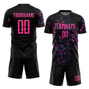 Maillot de football personnalisé noir, rose et bleu clair, respirant, à manches courtes, avec nom et numéros imprimés par sublimation - Product Image 1