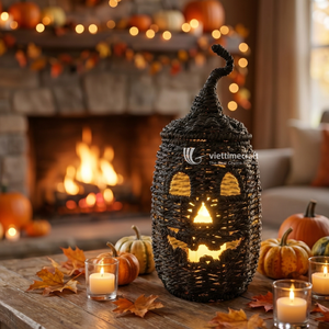 Linterna Clásica Negra de Medianoche para Halloween, Jack-o'-lantern Artesanal, Luz Decorativa, Centro de Mesa Festivo de Fibra Natural Sostenible - Product Image 4