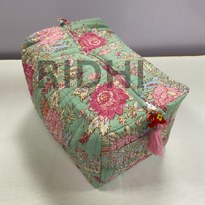 Pastel Jade with Pink Blossom Cotton Quilted Zipper Tote <b>Bag</b> Floral Block Printed Travel <b>Toiletry</b> Reusable Grocery Shopping Tote - Product Image 1