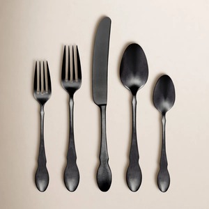 Argenterie de luxe écologique en satin noir, poignées en forme de larme, fourchettes, cuillères, couteaux robustes, ustensiles en bois modernes, minimaliste - Product Image 6