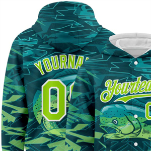 Sweats à capuche pour hommes personnalisé bleu sarcelle néon vert blanc haute qualité pêche 3D Bomber Letterman Full Snap Varsity - Product Image 3