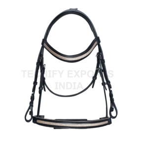 Bride de cheval en cuir noir avec bandeau et bride de nez rembourrés en paillettes dorées roses - Product Image 1