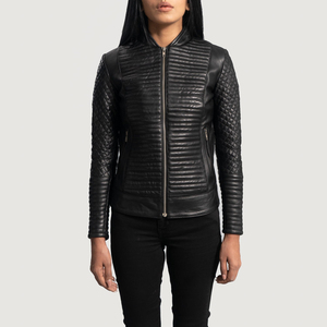 Women's PU <b>Leather</b> Moto <b>Jacket</b> Quilted Stand Collar Zipper Closure Full Sleeve Black Autumn Style - Product Image 3
