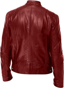 Men's <b>Slim</b> <b>Fit</b> PU Leather <b>Jacket</b> Solid Color Turn-down Collar Zipper Closure Casual Autumn Wear - Product Image 5