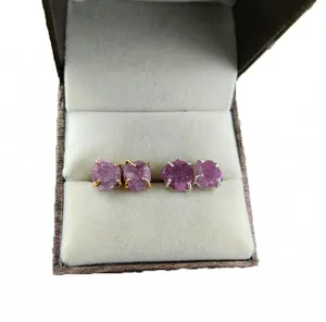 Natural Raw Ruby Gemstone Size 8-10mm Gold Vermeil 925 Sterling Silver Prong Set Stud Earring Natural Healings Crystals Earrings