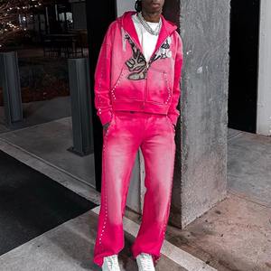 Conjunto personalizado de sudadera con cremallera de diamantes de imitación y pantalones de chándal de invierno para hombre con lavado ácido y ropa de calle 2025 - Product Image 2