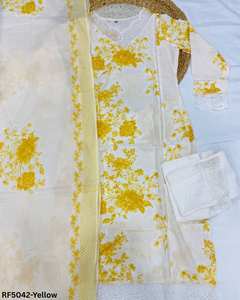 Conjunto exclusivo de kurti de rayón y algodón de tres piezas con estampado floral, cuello de encaje, mangas, pantalones rectos y dupatta, perfecto. - Product Image 5