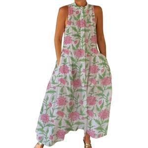 Combinaison décontractée d'été 100% coton, imprimé floral à la main, tissage doux avec fermeture éclair pour le printemps/été, adultes BPJS061 - Product Image 1