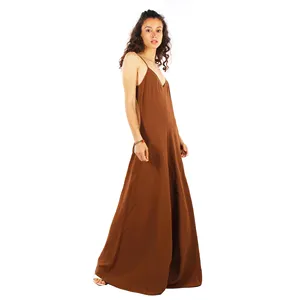 Trendy V-Neck Palazzo Jumpsuit Sleeveless in Brown Luxurious Viscose-Linen ideal for summer occasions size small
