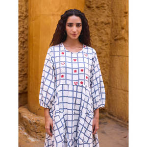 Cotton Solid Maxi <b>Dress</b> <b>with</b> Puff <b>Sleeves</b> Collarless A-Line Regular Fit Embroidery Breathable Asymmetric Casual <b>Summer</b> for Women - Product Image 4