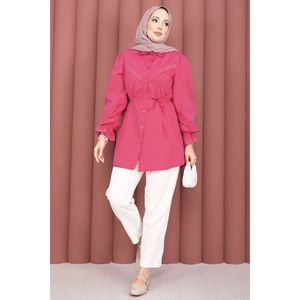 Camisa Elegante con Cordones Color Fucsia, Logotipo Bordado Floral, Cuello con Volantes, Talla XL, Tela de Popelina, Chifón y Tejido de Punto, Camisa Holgada Larga o Corta para Mujer - Product Image 3