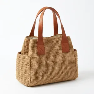 Sac fourre-tout écologique fait main en raphia pour femme, jaune moutarde, motif géométrique, poignée unique, ouverture supérieure, sac à main d'été pour le shopping - Product Image 3