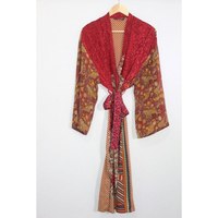 Vintage Seda Saree Kimono Mujeres Robe Kimono Vestido Albornoz Maxi Vestido