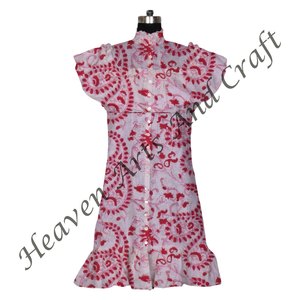 100% coton tissu Sexy à manches courtes bloc imprimé robe pour les femmes à la main décolleté fête porter - Product Image 2