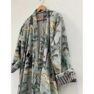 เสื้อโค้ทกันหนาวของผู้หญิงทำด้วยมือชุดเดรสลำลองพิมพ์ลายสัตว์ผ้าฝ้ายอินเดียชุดเดรสชายหาดใส่เป็นของขวัญเข็มขัดรวม - Product Image 4