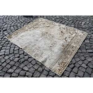 Alfombra turca Vintage de 4 pies, 9 pulgadas x 6 pies y 1 pie, Alfombra de lana de tejido plano Beige y marrón con respaldo de látex para decoraciones de sala de estar - Product Image 3